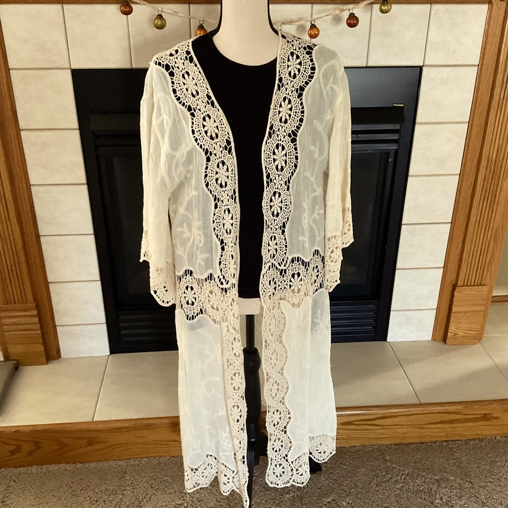 Crochet Open Weave Detail Longline Kimono, One Size Fits Most - Picture 1 of 11